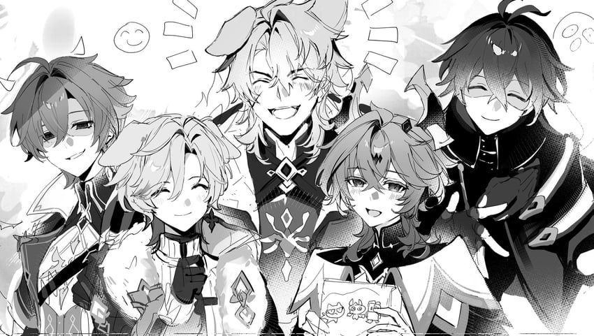 原神、杜林 (原神)、弗林斯 (原神) 5个男孩 兽耳 脸红 child's drawing 外套