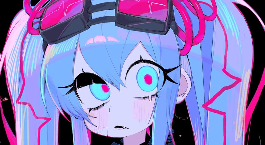 jigen tsuushin (vocaloid)、VOCALOID、初音未来 1名女孩 黑框眼镜 黑色背景 black eyeshadow black mouth