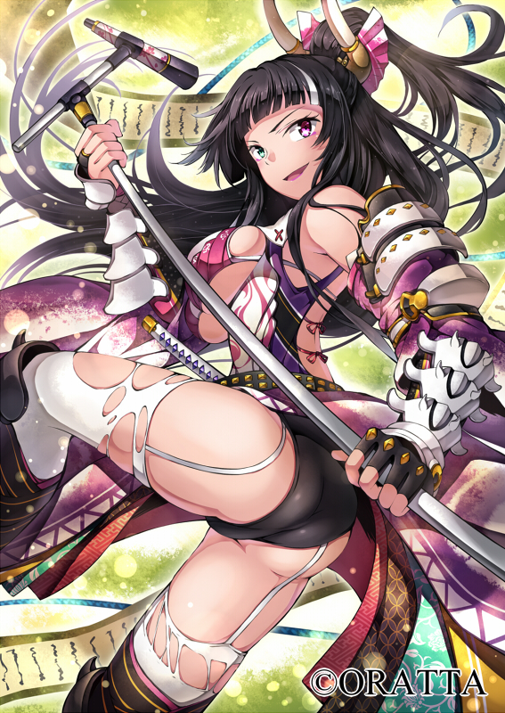 桃姬乱舞！战国飞鸟、murasaki shikibu (sengoku asuka) 1名女孩 水色瞳 铠甲 屁股 露背装