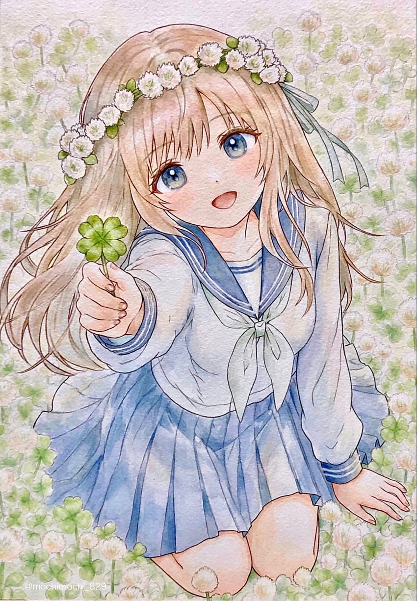 原创 1名女孩 :D 水蓝色领巾 举手 蓝眼