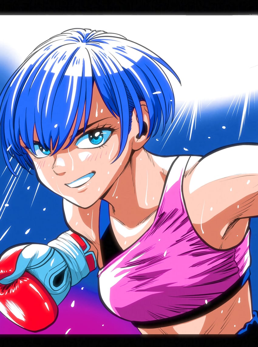 原创 1名女孩 蓝眼 蓝发 拳击 拳击手套