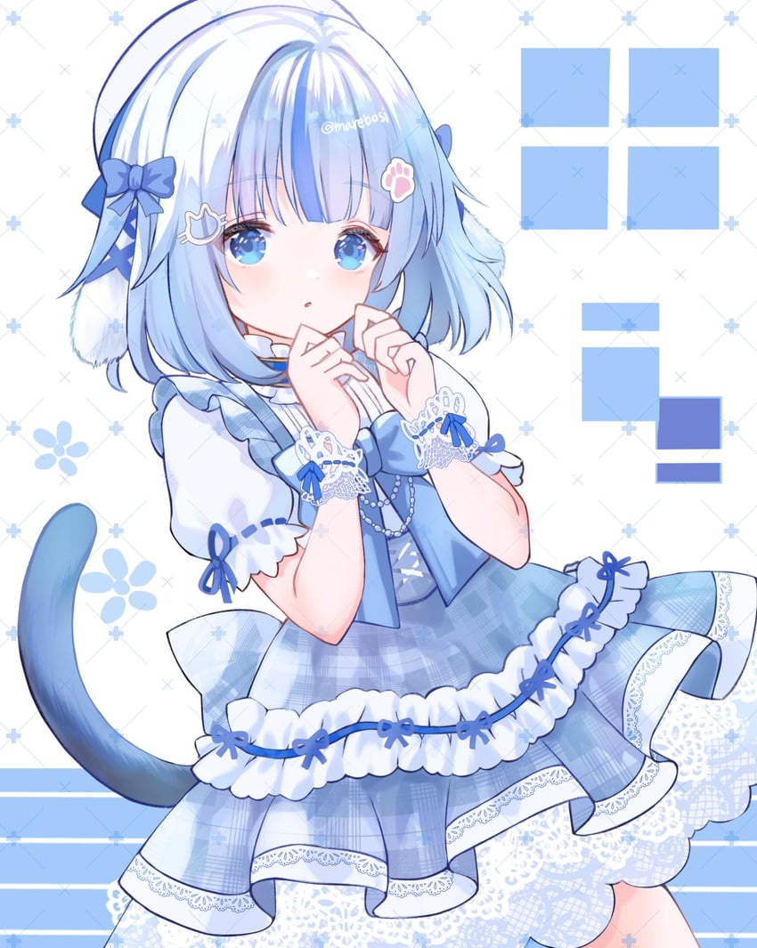 原创 1名女孩 后背蝴蝶结 珠子 贝雷帽 蓝色蝴蝶结