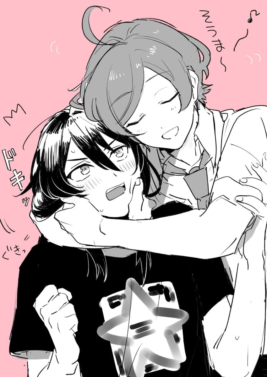 偶像梦幻祭、神崎飒马、深海奏汰 2个男孩 :D 呆毛 黑衬衫 脸红
