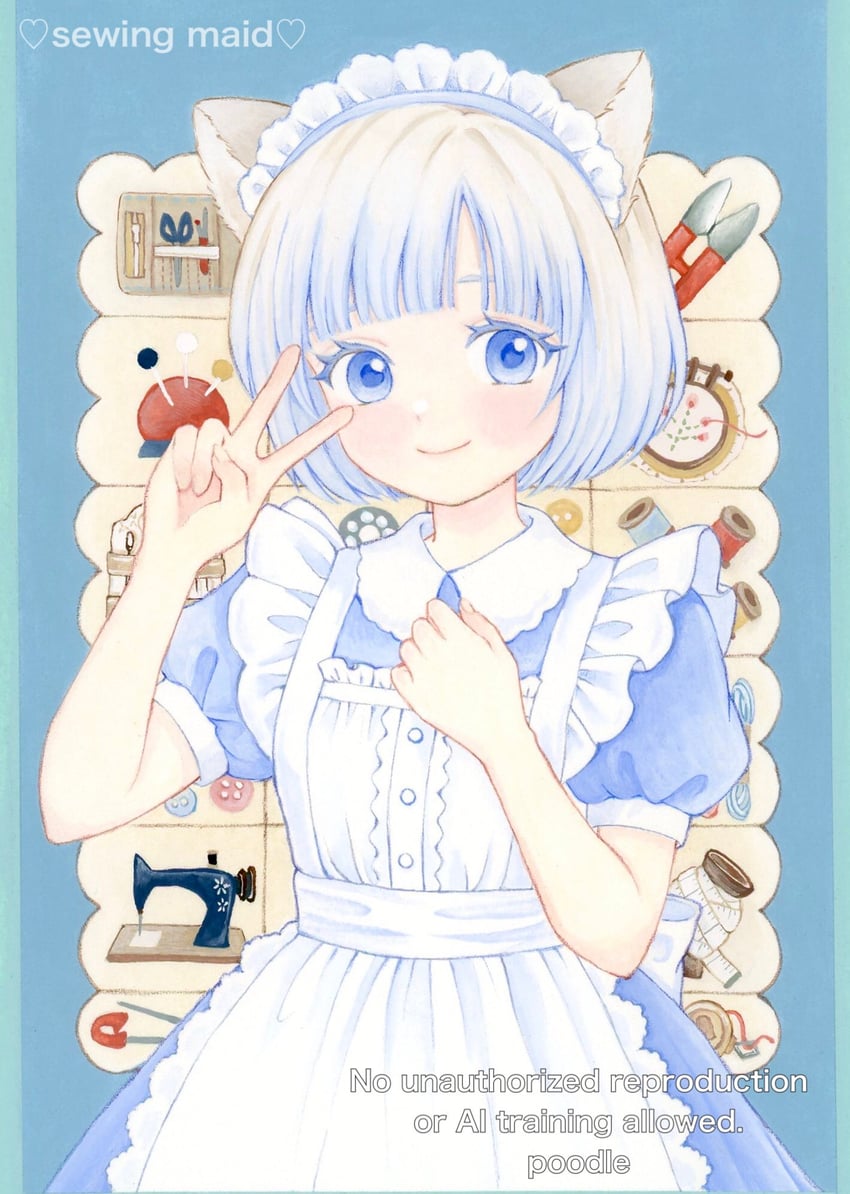 原创 1名女孩 兽耳 围裙 作者名 蓝色背景