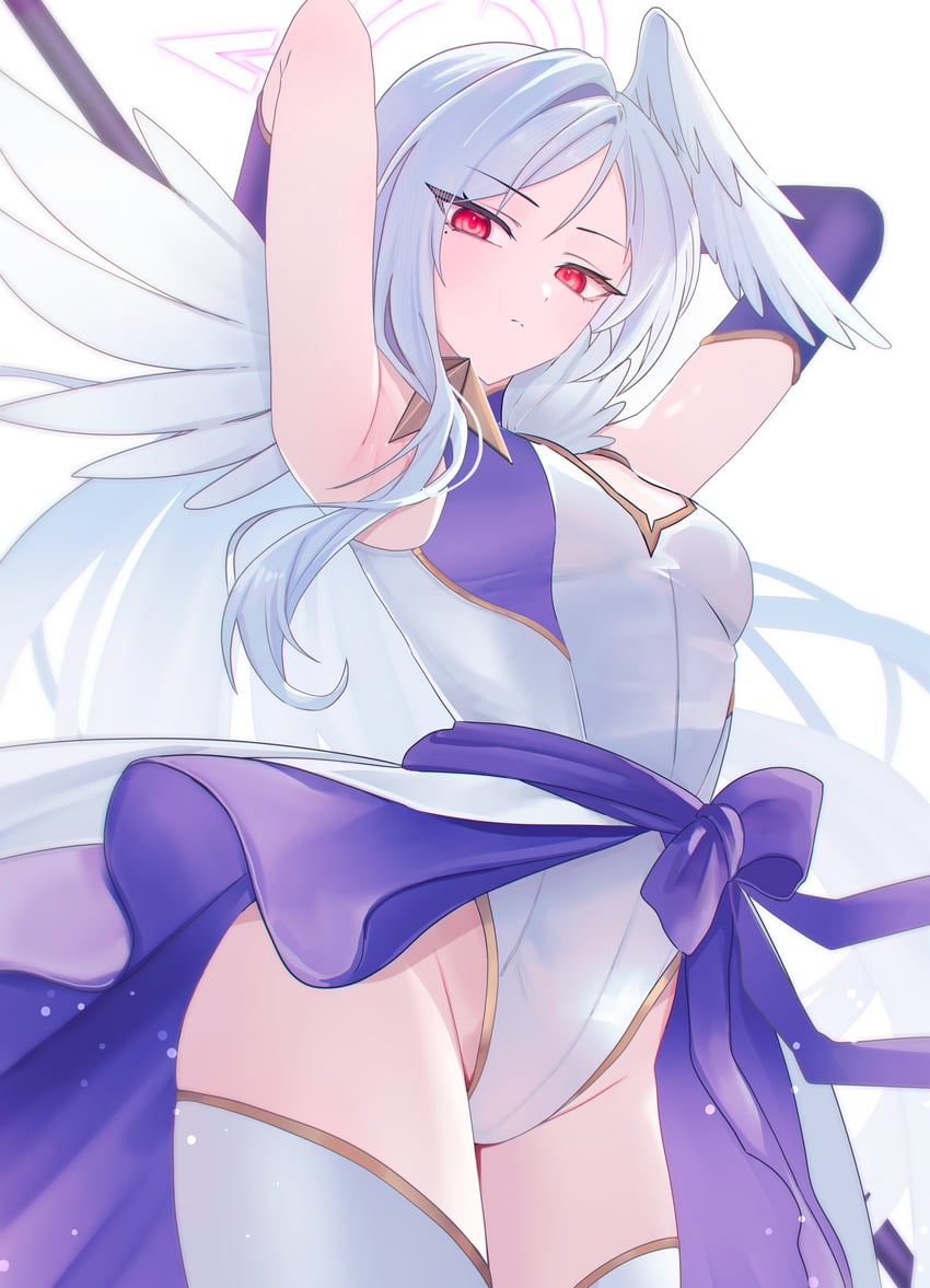 蔚蓝档案、铃美（蔚蓝档案）、守月铃美 (魔法少女) (碧蓝档案) 1名女孩 腋下 双手抱头 举起双手 不对称手套