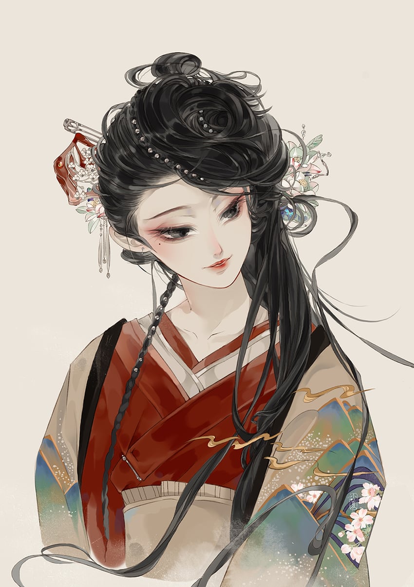 原创 1名女孩 不对称发型 珠子 黑瞳 黑发