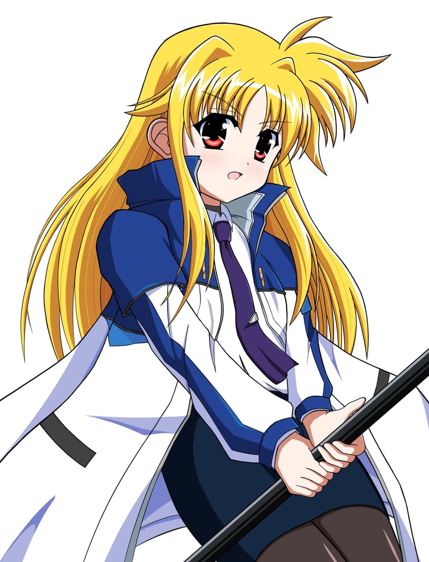 魔法少女奈叶、魔法少女奈叶Exceeds：枪火复仇、菲特·泰斯特罗莎 1名女孩 黑色连裤袜 金发 蓝裙子 外套