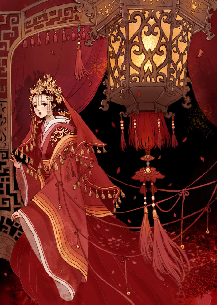 原创 1名女孩 拱形 铃铛 黑色背景 黑发