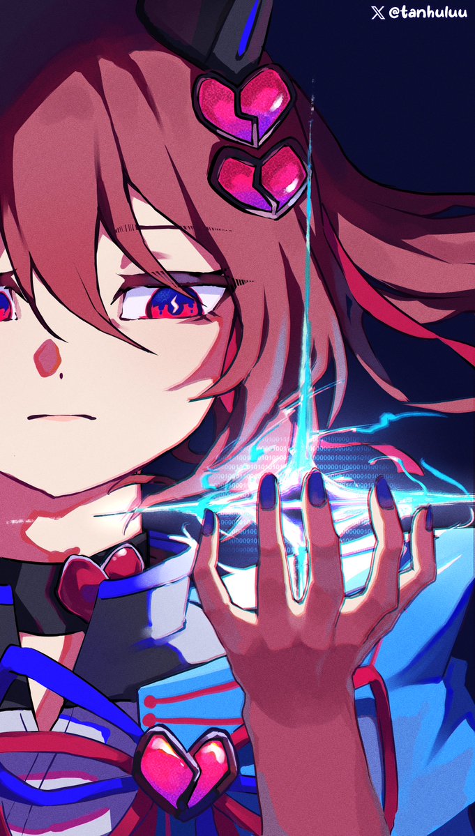Vedal AI、Evil Neuro-sama、evil neuro-sama (cyberpunk knight) 1名女孩 黑色项圈 蓝色夹克 蓝色指甲 心碎