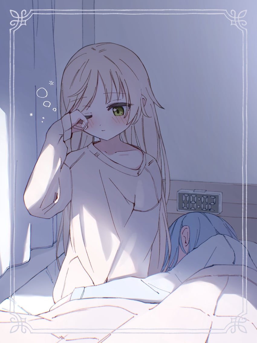 魔法少女的小镇审判、立花雪莉、外能范奈 2名女孩 指针时钟 床 毯子 金发