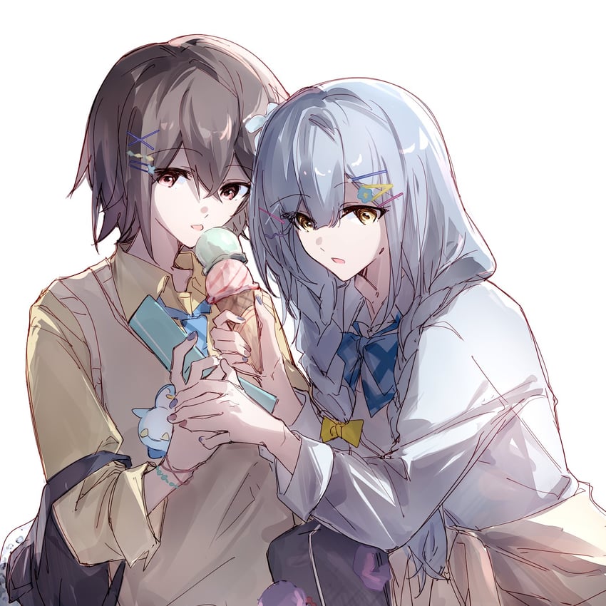BanG Dream!、Bang Dream! It's MyGO!!!!!、高松灯 2名女孩 蓝发 蓝色指甲 蝴蝶结 辫子