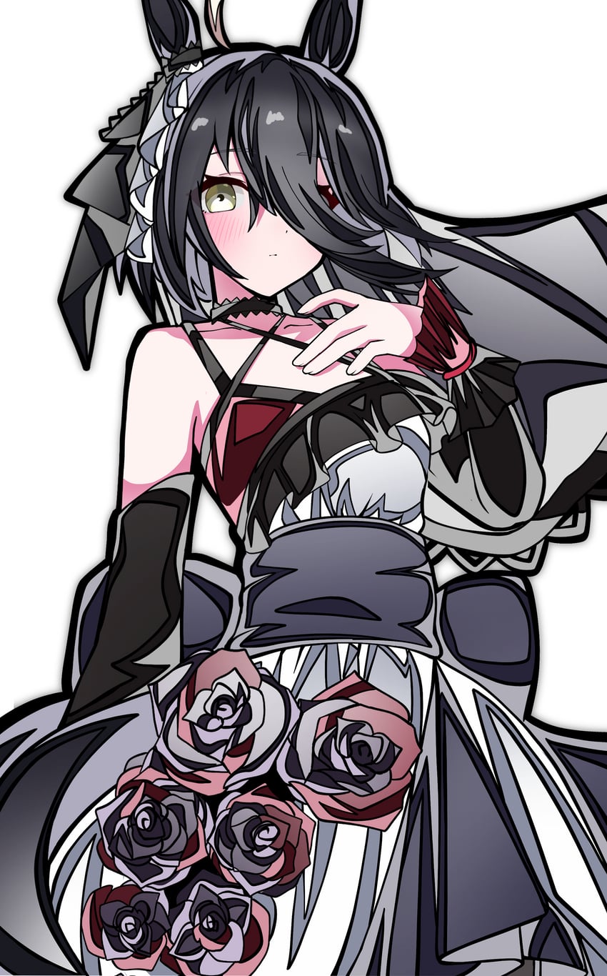 赛马娘、曼城茶座 (Mysterious Rose) (赛马娘)、曼城茶座 (赛马娘) 1名女孩 兽耳 露肩 黑花 黑发