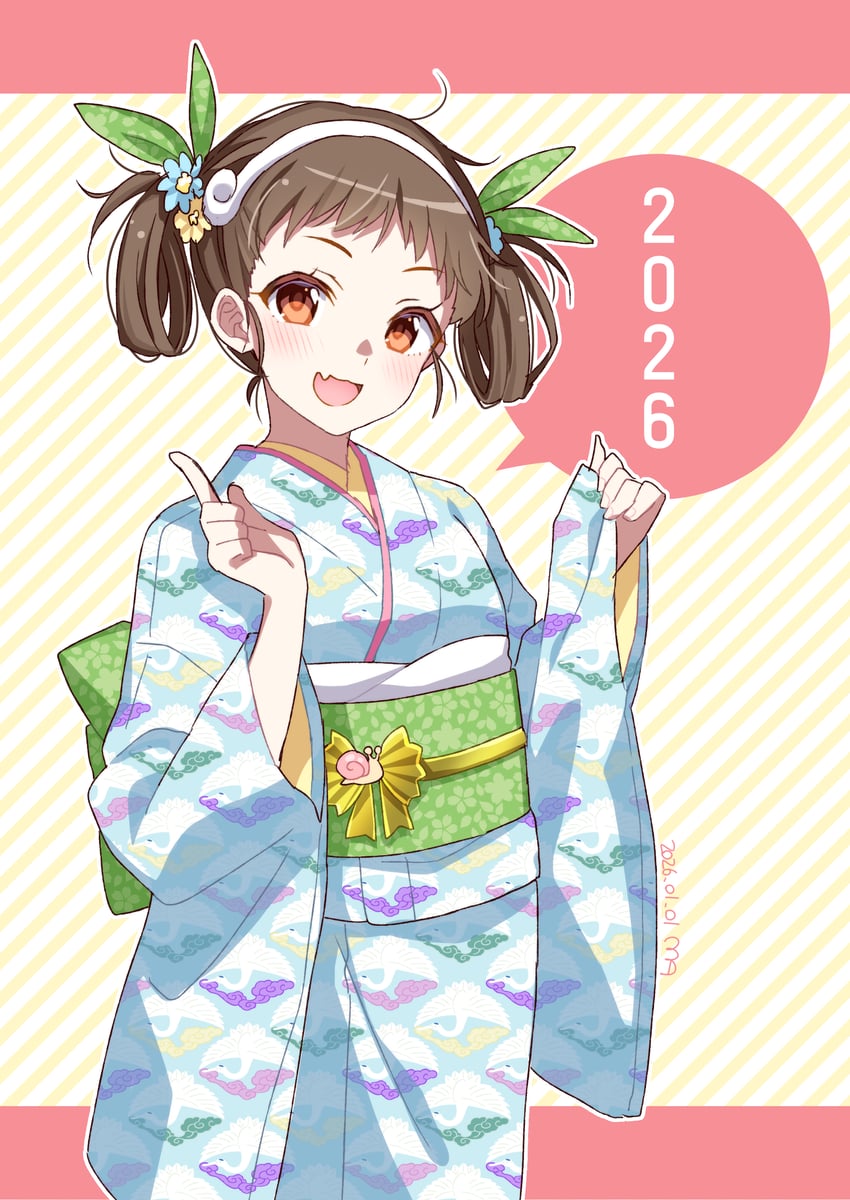 物语系列、八九寺真宵 1名女孩 2026年 蓝色和服 棕发 有日期