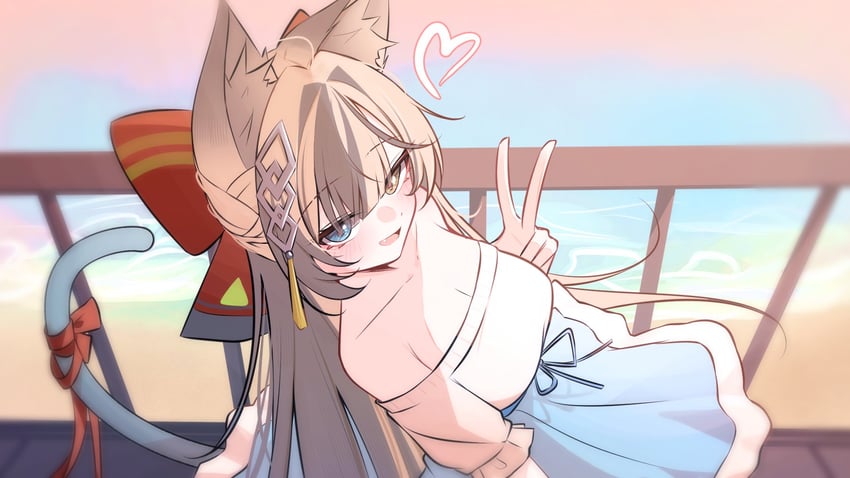 二次元插画 1名女孩 兽耳毛 兽耳 海滩 蓝眼