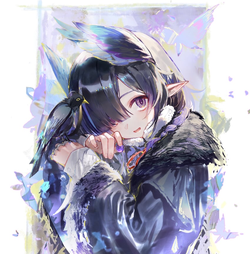 明日方舟、乌库希克 (明日方舟) 1名女孩 鸟 鸟娘 鸟在手上 黑色大衣