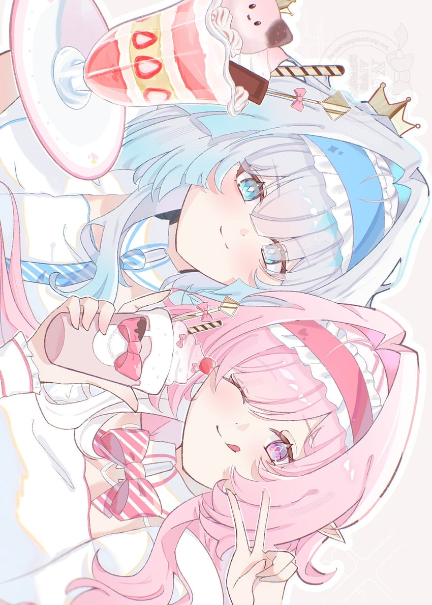 崩坏：星穹铁道、崩坏系列、孽兽·狻猊 2名女孩 :p 吐舌头 蓝眼 蓝色发带