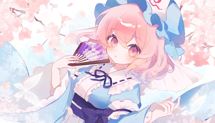 东方Project、西行寺幽幽子 1名女孩 蓝帽子 蓝色和服 脸红 樱花