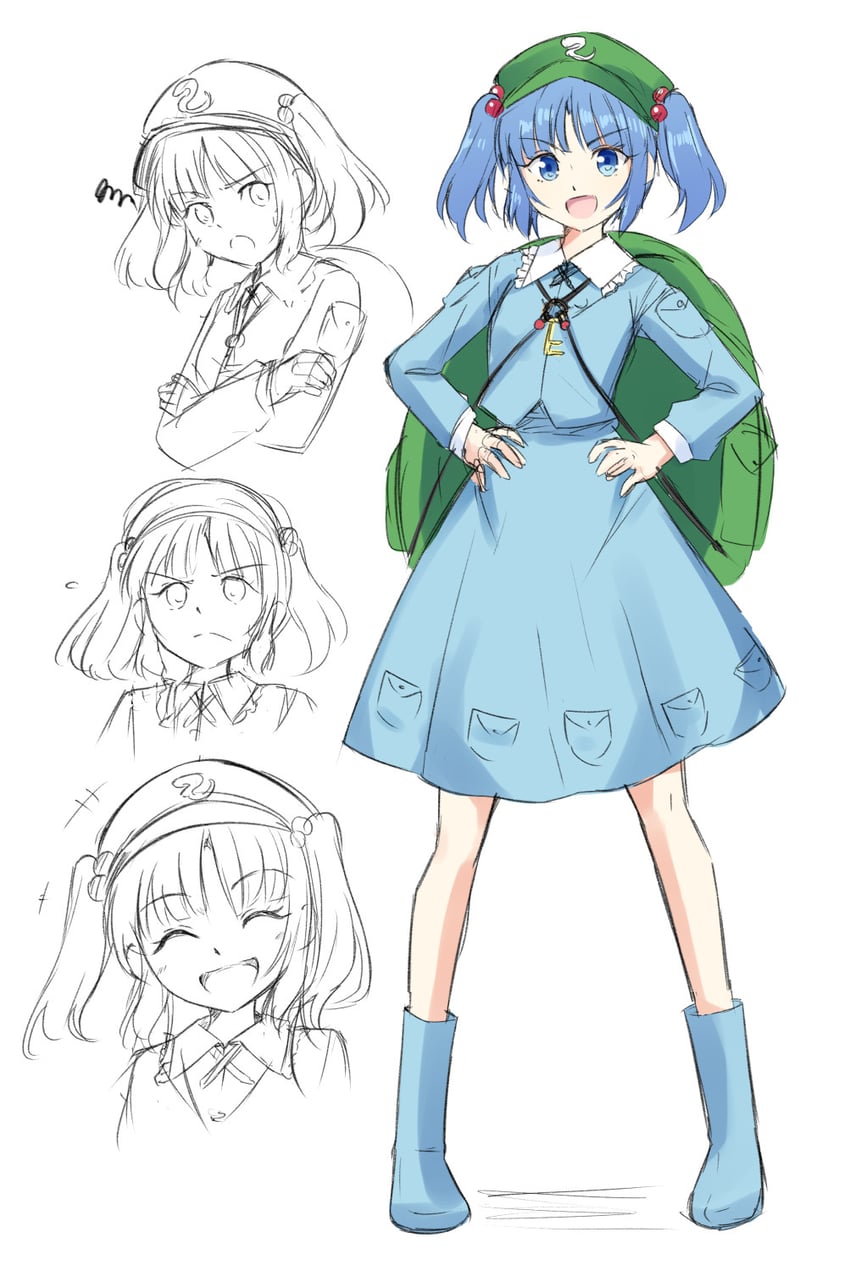 东方Project、河城荷取 1名女孩 微笑 背包 包 蓝色靴子