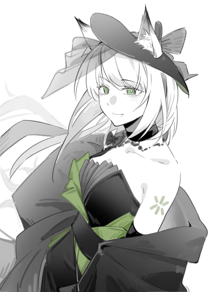 明日方舟、时尚芭莎、凯尔希 (明日方舟) 1名女孩 兽耳毛 兽耳 手臂纹身 露肩