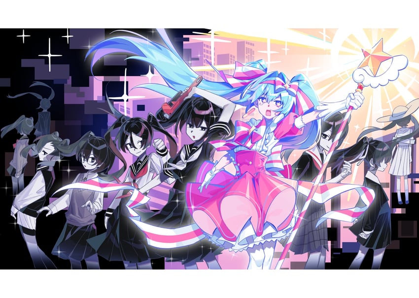 立刻轮回 (Vocaloid)、初音未来 1名女孩 后背蝴蝶结 黑瞳 黑发 黑色夹克