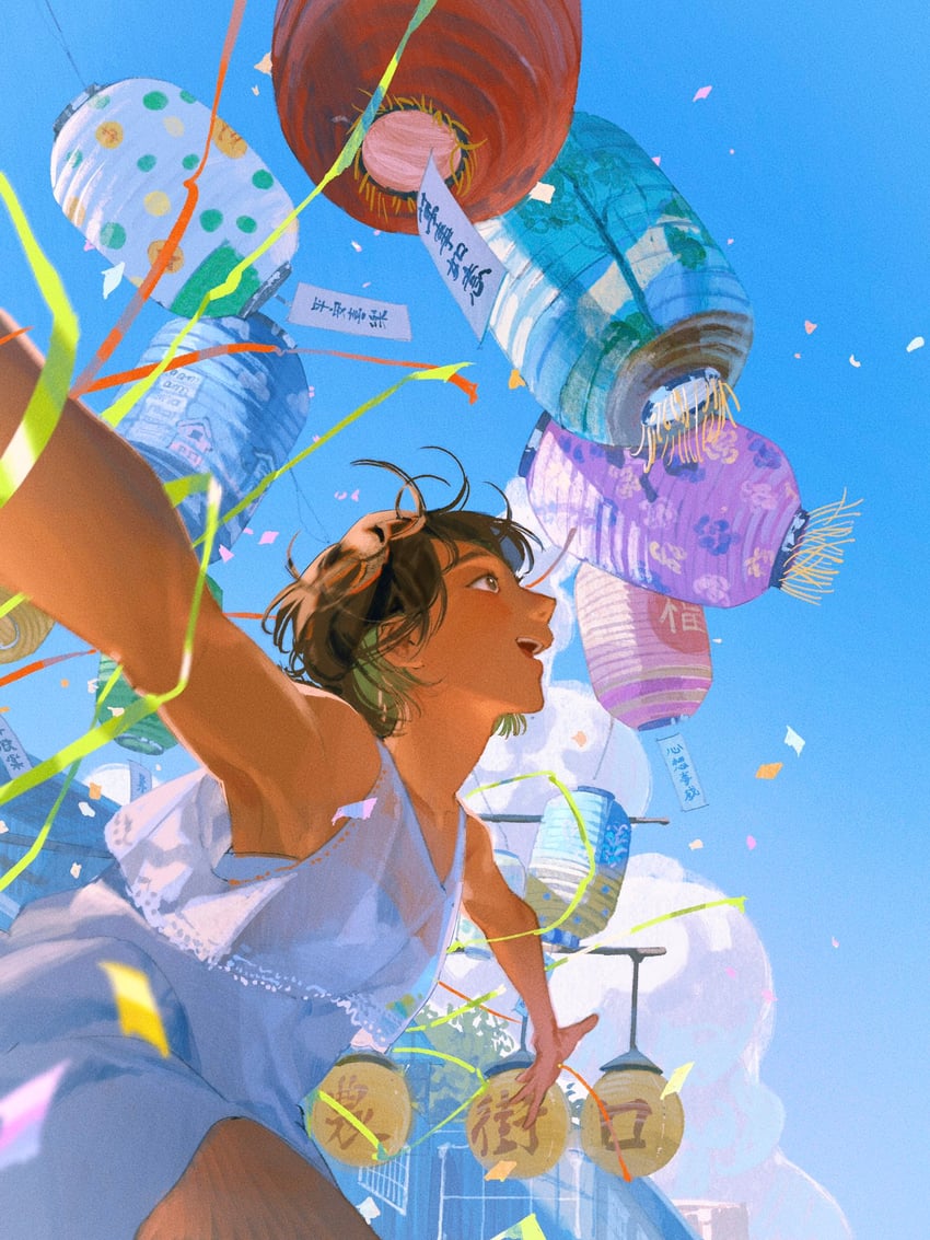 原创 1名女孩 蓝天 棕眼睛 棕发 云