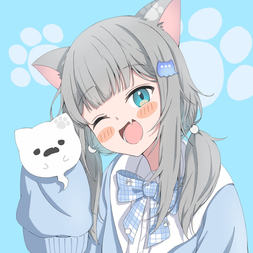 个人势虚拟主播、原创、Nachoneko 1名女孩 兽耳 女式衬衫 蓝色背景 蓝眼