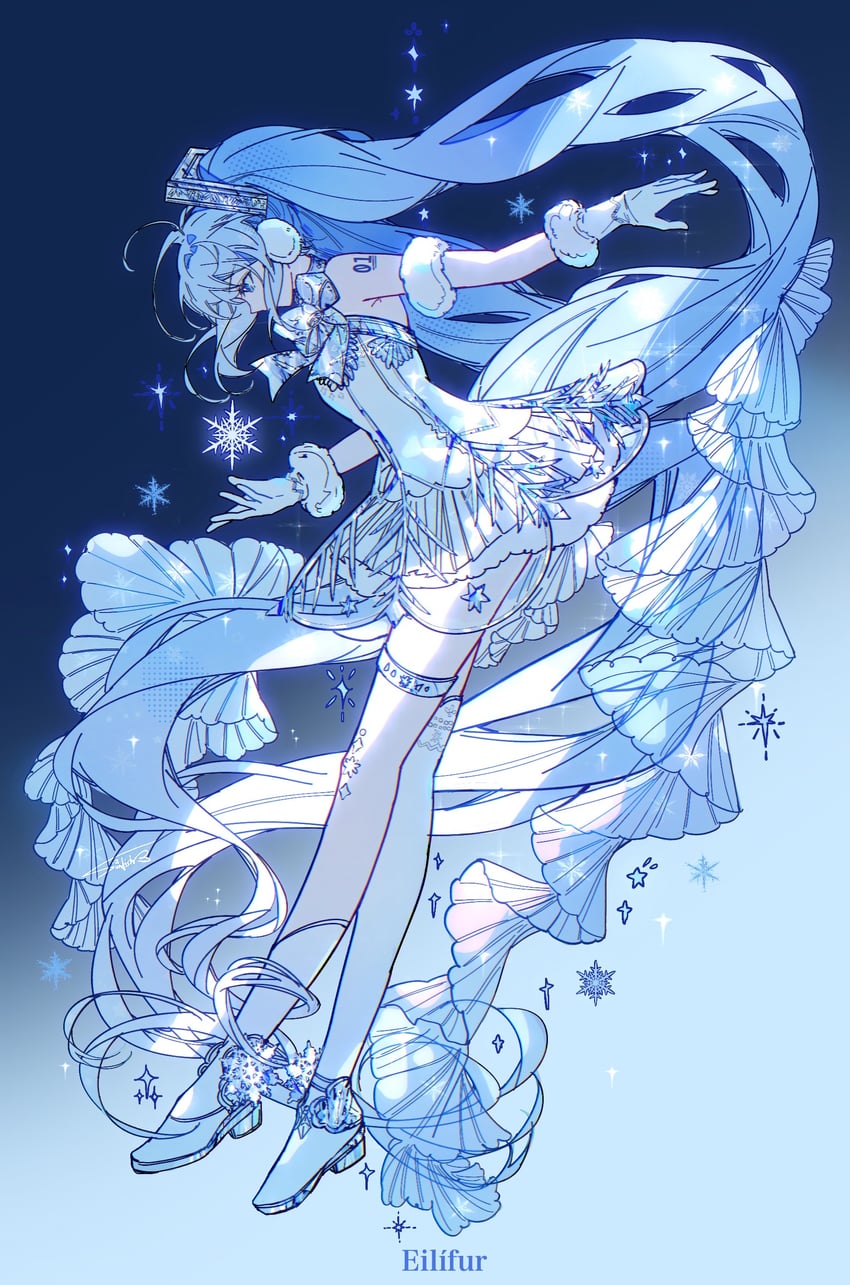 VOCALOID、初音未来 1名女孩 呆毛 不对称腿部穿着 粗跟鞋 蓝色背景
