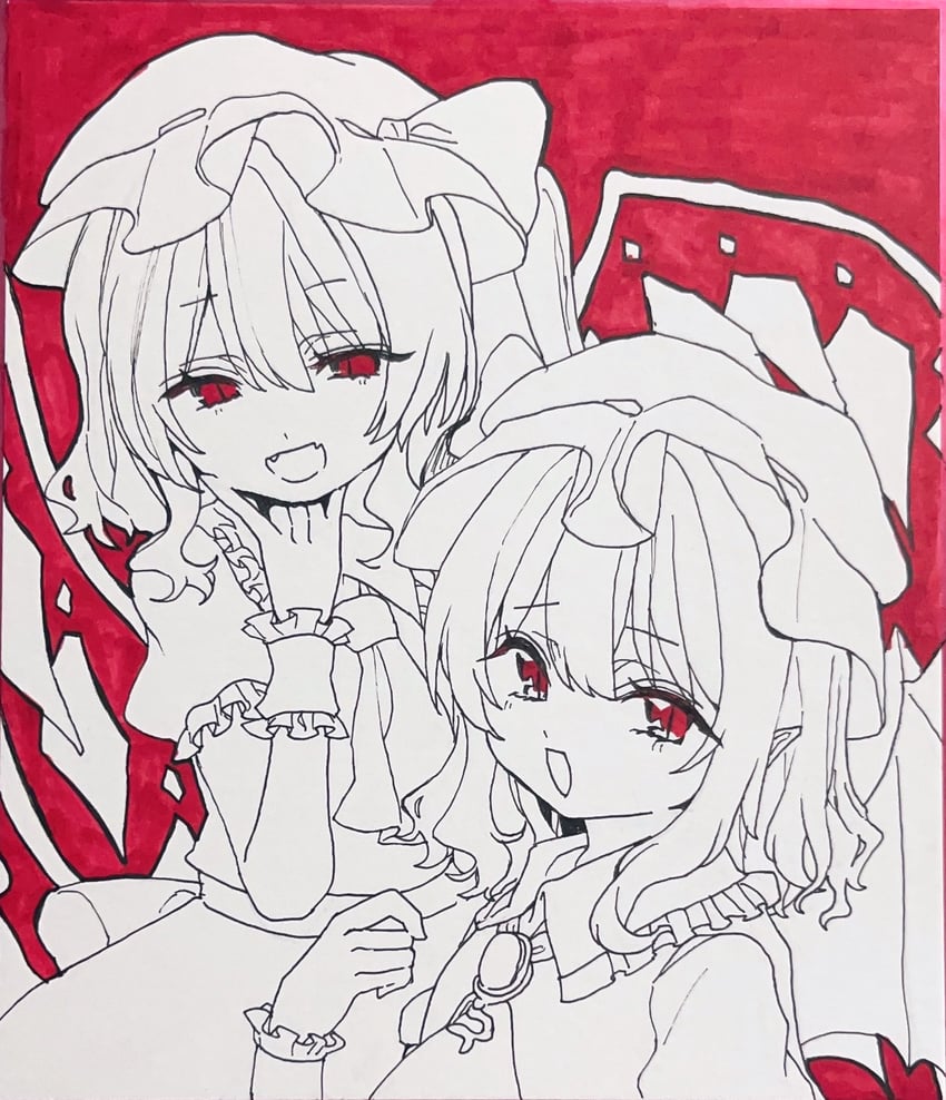 东方Project、芙兰朵露·斯卡蕾特、蕾米莉亚·斯卡蕾特 2名女孩 阿斯科特领巾 蝙蝠翅膀 胸针 有领衬衫