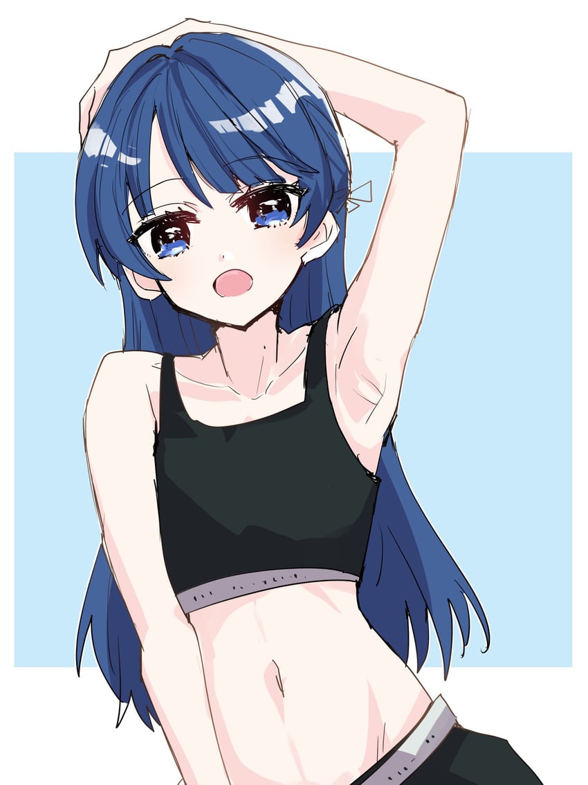 Love Live!、Love Live! 莲之空女学院学园偶像部、村野沙耶香 1名女孩 腋下 露肩 黑色运动内衣 蓝色背景