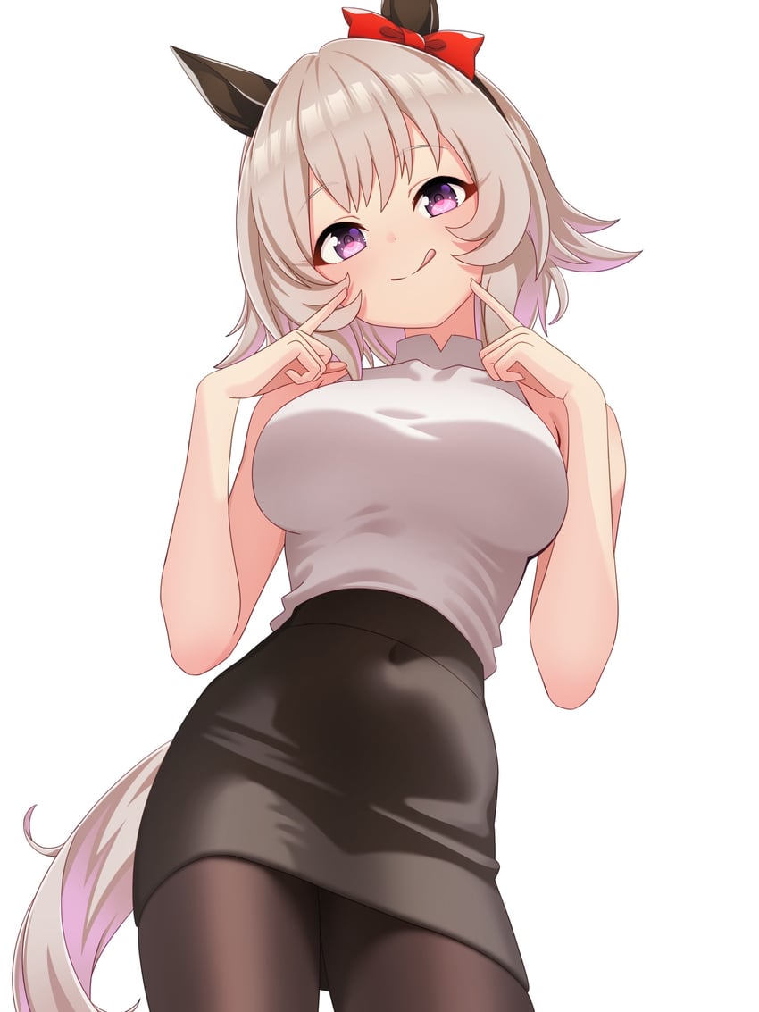赛马娘、真机伶 (赛马娘) 1名女孩 兽耳 裸臂 黑色连裤袜 黑色裙子
