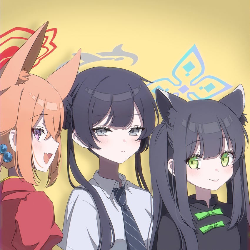 蔚蓝档案、妃咲 (碧蓝档案)、妃 (校服) (蔚蓝档案) 3人女子 兽耳毛 黑色连衣裙 黑发 黑色领带