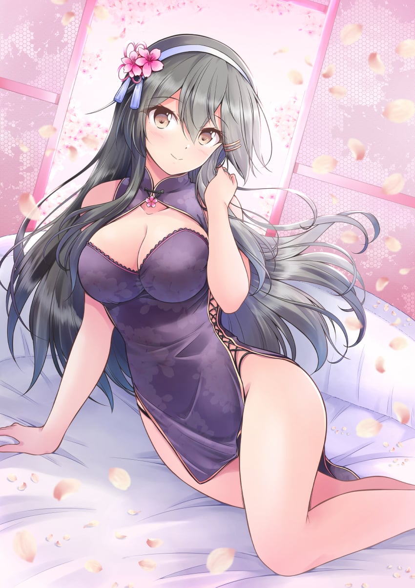 舰队Collection、榛名 (舰队Collection) 1名女孩 黑发 乳房 棕眼睛 旗袍