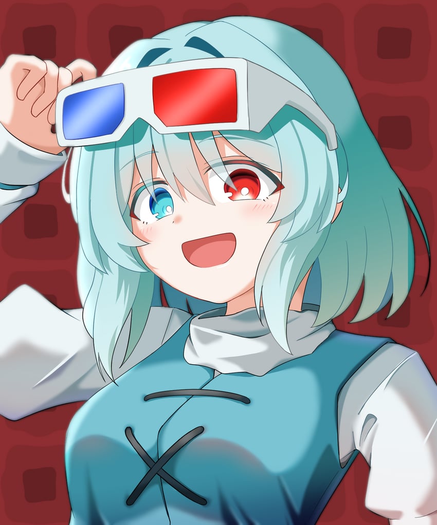 东方Project、多多良小伞 1名女孩 3D眼镜 蓝眼 蓝发 进气口发型