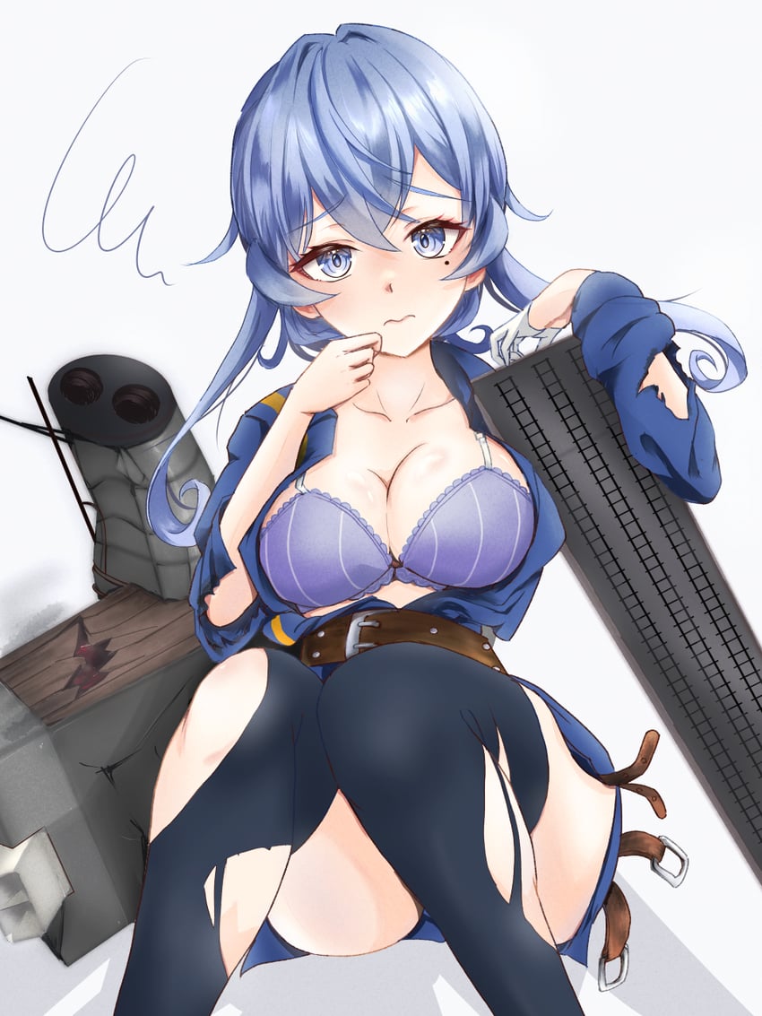 舰队Collection、哥特兰 (舰娘) 1名女孩 飞机弹射器 蓝色胸罩 蓝眼 蓝发