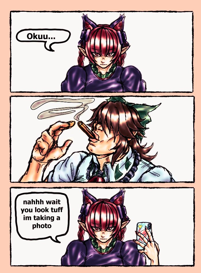 东方Project、火焰猫燐、灵乌路空 2名女孩 三格漫画 兽耳 蝴蝶结 辫子