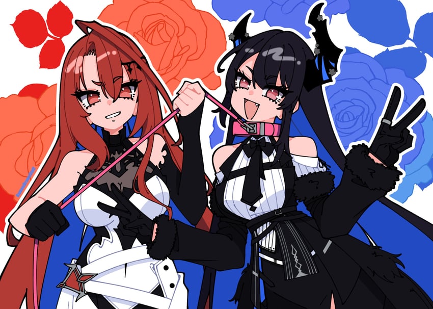 Hololive、Hololive英语、伊丽莎白·罗斯·血焰 2名女孩 呆毛 动物项圈 不对称角 露肩