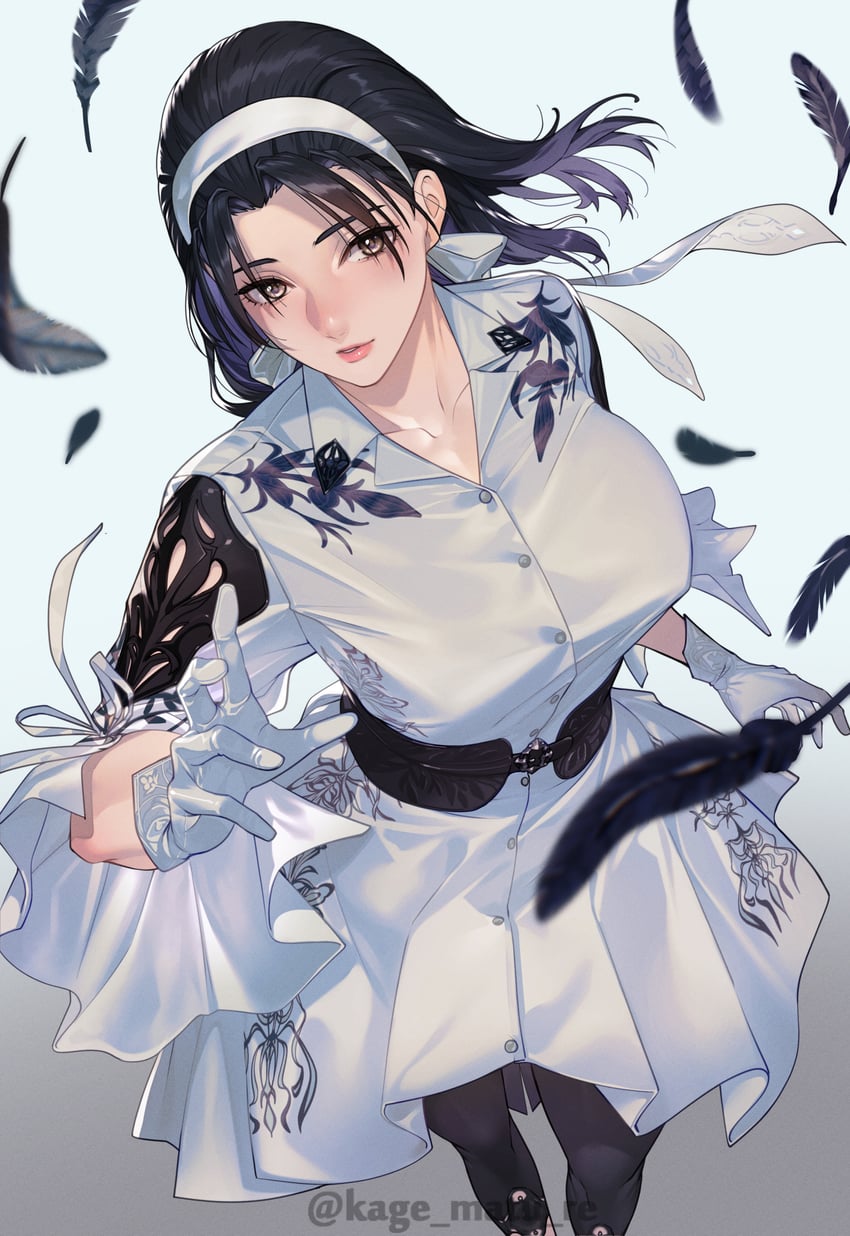 铁拳、铁拳8、风间准 1名女孩 黑羽毛 黑发 黑色连裤袜 蓝色背景