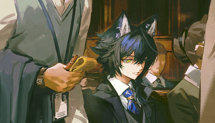 明日方舟、伺夜 (明日方舟) 1名男孩 呆毛 兽耳 美少年 黑发
