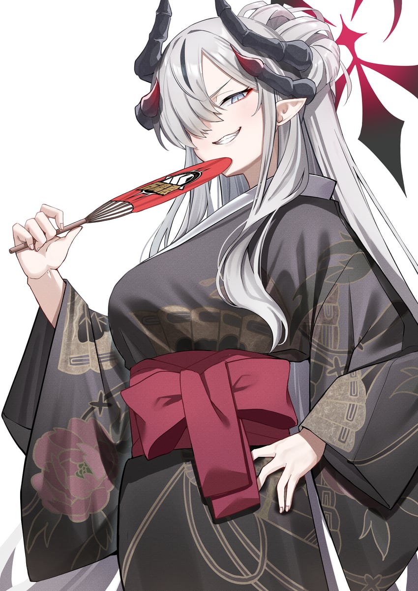 蔚蓝档案、真琴 (蔚蓝档案) 黑色光环 黑角 黑色和服 蓝眼 乳房