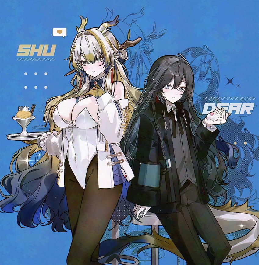 明日方舟、原创、黍 (明日方舟) 2名女孩 呆毛 异形乳量 (大) 手臂纹身 黑瞳