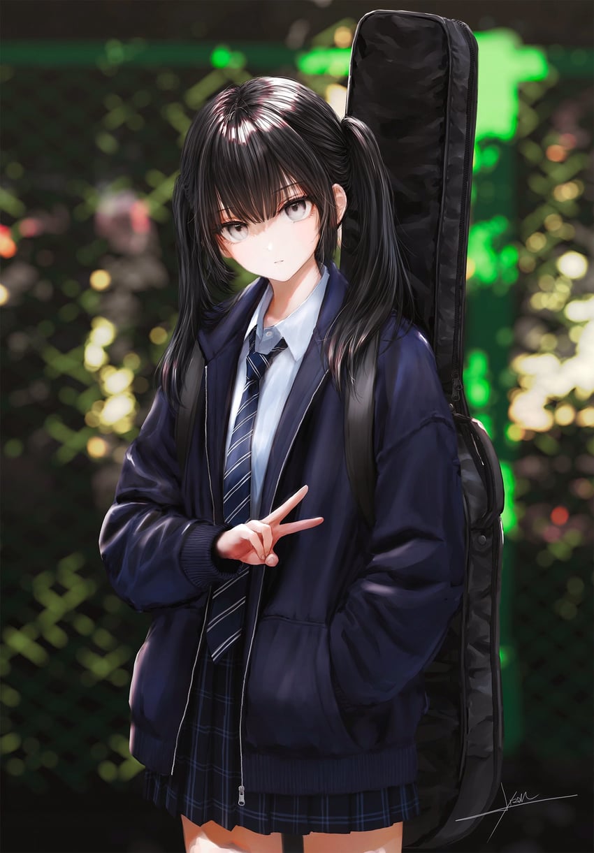 原创 1名女孩 黑发 模糊 模糊背景 铁丝网围栏