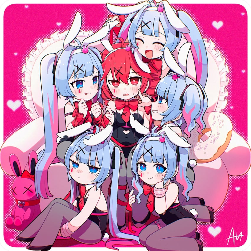 兔穴(Vocaloid)、UTAU、初音未来 6个以上女孩 兽耳 露肩 黑色紧身连体衣 蓝眼
