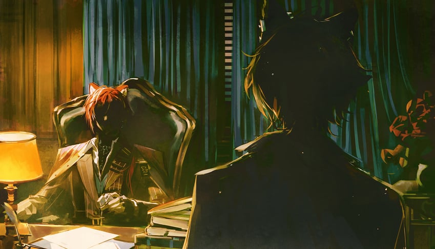 明日方舟、贝隆 (明日方舟)、伺夜 (明日方舟) 2个男孩 兽耳 逆光 椅子 外套