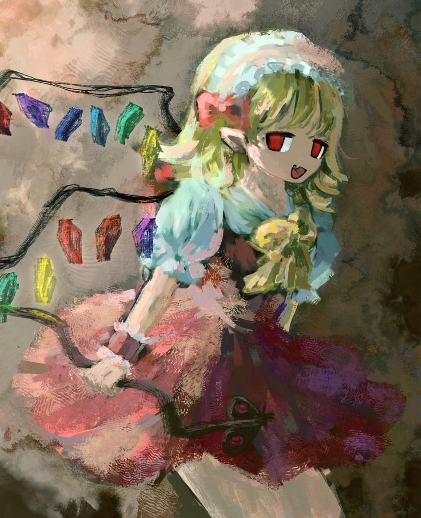 东方Project、芙兰朵露·斯卡蕾特 1名女孩 :D 手放在身体两侧 金发 蝴蝶结