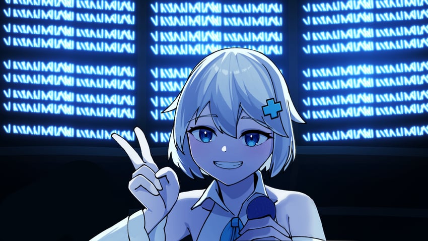 异世界偶像、WAKTAverse、高世具 1名女孩 露肩 蓝眼 蓝色丝带 有领衬衫
