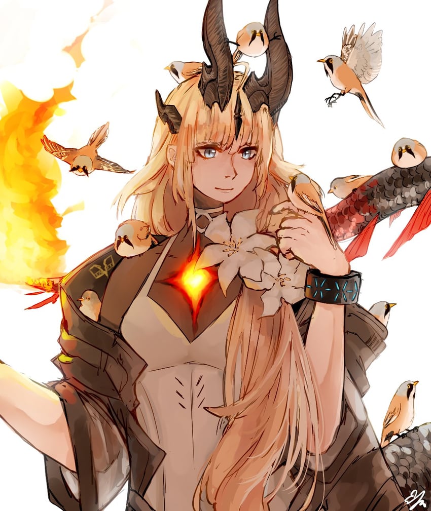 明日方舟、苇草、焰影苇草 (明日方舟) 1名女孩 呆毛 鸟 金发 蓝眼