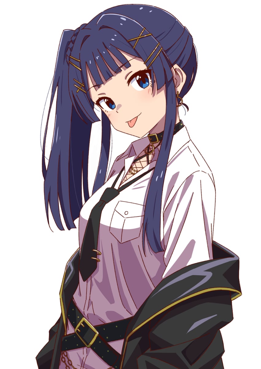 二次元插画 1名女孩 腰带 黑色项圈 黑色夹克 黑色领带