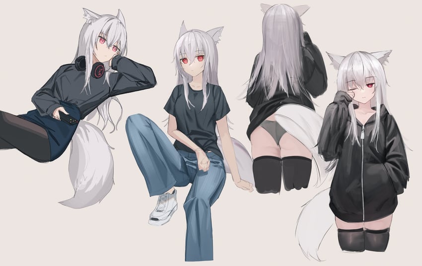 明日方舟、霜叶 (明日方舟) 1名女孩 替换服装 兽耳毛 屁股 黑色针织衫