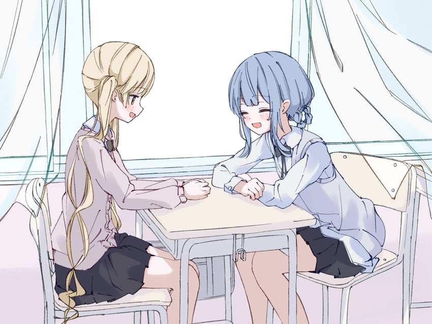 魔法少女的小镇审判、立花雪莉、外能范奈 2名女孩 替换服装 裸腿 黑色裙子 金发