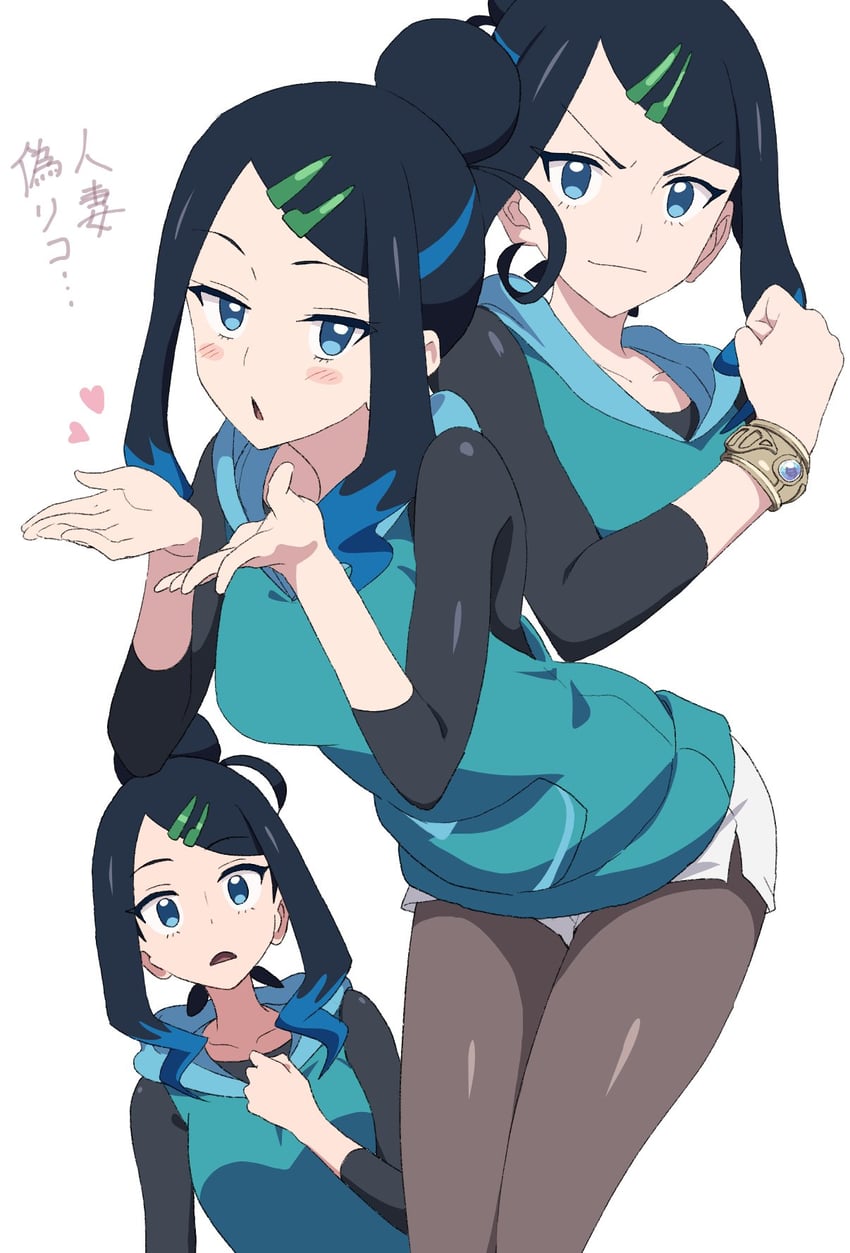 宝可梦、精灵宝可梦 (动画)、宝可梦：地平线 1名女孩 黑发 蓝眼 蓝发 脸红